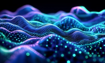 Poster - Abstract digital landscape, glowing particles, dark background, technology concept