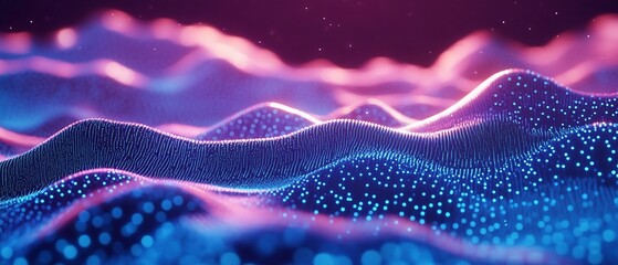 Poster - Abstract digital landscape, glowing particles, pink background, tech design
