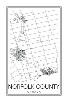 Printable downtown road map poster of the Canadian city of NORFOLK COUNTY on solid white background with city name