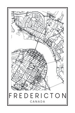 Printable downtown road map poster of the Canadian city of FREDERICTON on solid white background with city name
