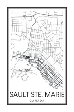 Printable downtown road map poster of the Canadian city of SAULT STE. MARIE on solid white background with city name