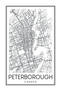 Printable downtown road map poster of the Canadian city of PETERBOROUGH on solid white background with city name