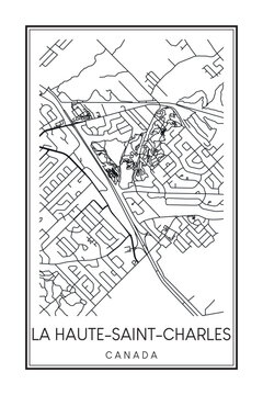 Printable downtown road map poster of the Canadian city of LA HAUTE-SAINT-CHARLES on solid white background with city name