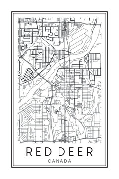 Printable downtown road map poster of the Canadian city of RED DEER on solid white background with city name