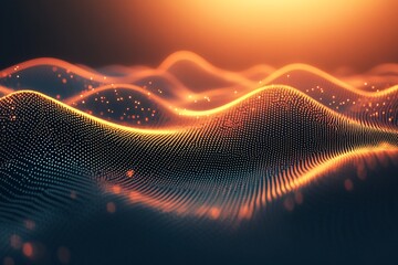 Poster - Abstract orange digital wave, glowing particles, dark background, tech concept