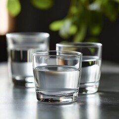 Leinwandbilder - Hydration Harmony: Three Glass Tumblers Filled with Refreshing Water on a Sleek Surface, Enhanced by Soft Natural Light and Green Plant Background