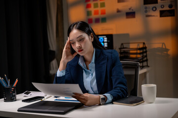 Aufkleber - businesswoman having headache after reading accounting report and working late in office