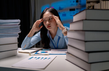 Aufkleber - young professional woman suffering from headache working at office desk late at night, having a lot 