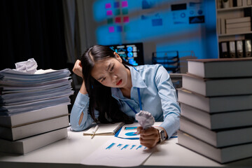 Aufkleber - Stressed Asian businesswoman crumpling paper while working late at night in office