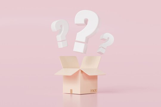 3d Mystery box, Delivery box or Cardboard box with question mark FAQ icon symbol on isolated orange background. Ecommerce online shopping delivery concept. Minimal Cartoon design icon. 3d rendering.