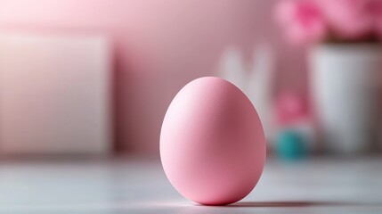 Poster - Pink egg is sitting on a table. The egg is the only object in the image