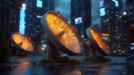 Poster - A collection of satellite dishes and antennas illuminated by neon city lights, capturing an urban tech aesthetic.