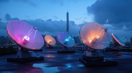 Poster - A collection of satellite dishes and antennas illuminated by neon city lights, capturing an urban tech aesthetic.