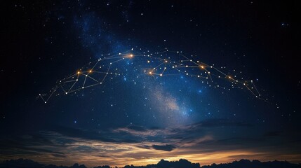 Poster - City skyline overlaid with data constellations, abstract representation of business intelligence under a cosmic night sky