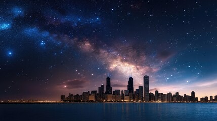 Poster - City skyline overlaid with data constellations, abstract representation of business intelligence under a cosmic night sky