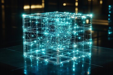 Poster - Cityscape background glowing cube data network