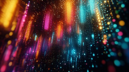 Poster - Colorful digital rain falling, dark background, abstract art, tech backdrop