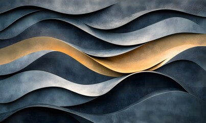 Poster - Abstract Wavy Metallic Layers with Golden Accent, Elegant Design Background