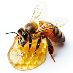 Poster - Close-up of a Honey Bee Collecting Nectar from Honeycomb on a White Background with Detailed Features and Textures