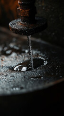 Aufkleber - close-up of water flowing from a rusty faucet with droplets splashing onto a dark surface, symbolizi
