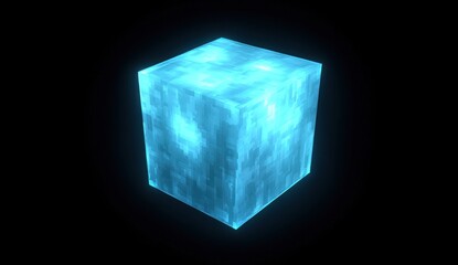 Poster - Glowing cyan cube in dark space.