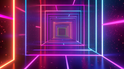 Poster - Neon glowing squares forming a tunnel with vibrant purple, pink, and blue lights, creating a futuristic, digital landscape that symbolizes technology, innovation, and cyberspace.