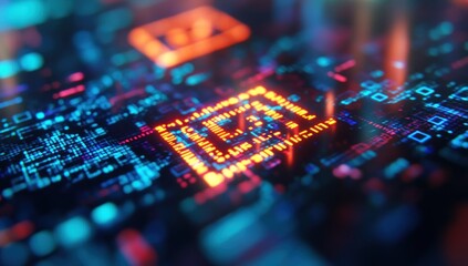 Poster - Glowing digital circuit board with central processor.