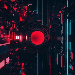 Poster - Cybernetic Core: Abstract Digital Landscape with Red Focal Point and Glowing Elements of Futuristic Design