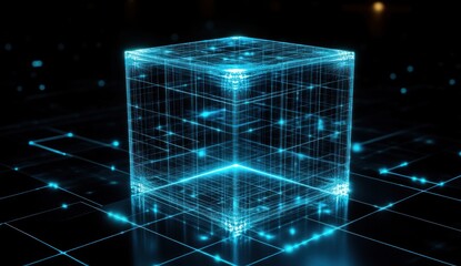 Poster - Glowing digital cube on dark grid.