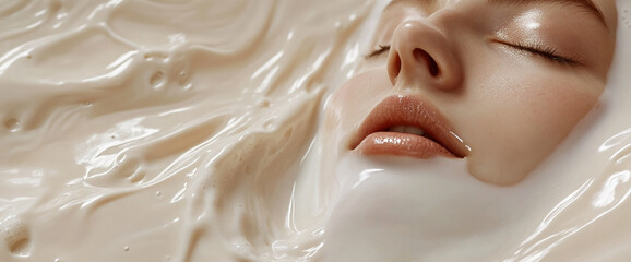 close-up of a womanâ€™s face partially submerged in creamy foam, showcasing the soothing effect of s