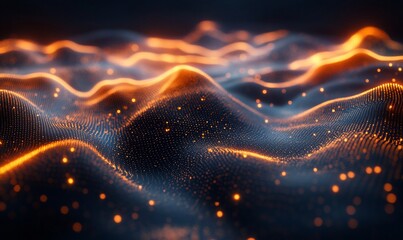 Poster - Glowing particle wave, digital landscape, dark background, tech design