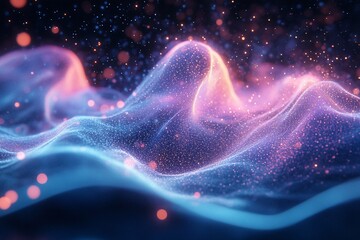 Poster - Glowing Particle Waves, Abstract Background, Digital Art, Technology Concept