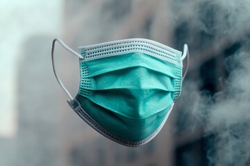Poster - A face mask icon in the center of a hazy, gray background, symbolizing air pollution