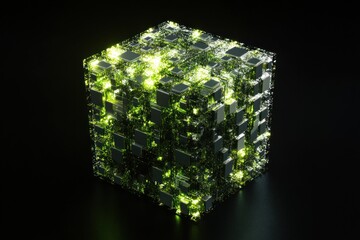 Poster - Glowing green cube with complex internal structure.