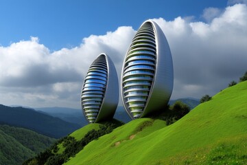 Poster - A futuristic city built with advanced anti-landslide technology, using force fields to stabilize mountains