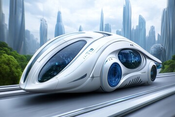 Poster - A futuristic city with zero-exhaust-emission vehicles, showcasing clean air and advanced technology