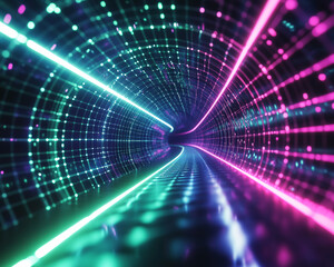 Poster - Colorful neon tunnel with glowing grid lines in blue and pink shades, creating a futuristic, digital, and cyberpunk atmosphere, representing technology and modernity.
