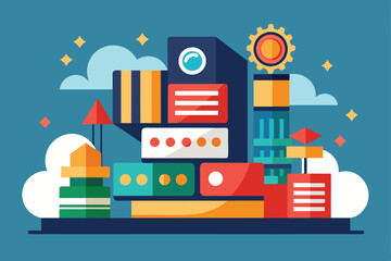 Poster - bright blocks and gears stacked creatively form a visually engaging design with soft clouds, order a