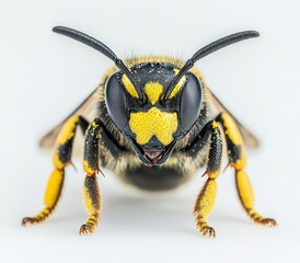 Poster - Close-up of a vibrant yellow and black bee with detailed features, showcasing its intricate eyes and delicate antennae against a light background