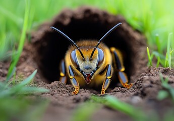 Poster - Close-Up of a Vibrant Yellow Bee Emerging from Its Burrow in Fresh Green Grass Under Soft Natural Light