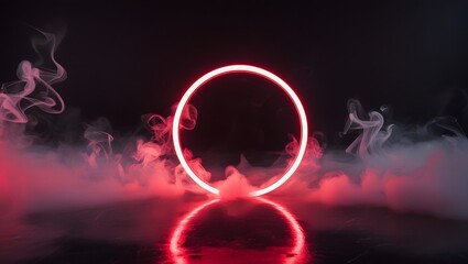Poster - Mystical Neon Ring: A vibrant neon ring glows amidst a swirling cloud of vapor in a dark setting, creating a futuristic and surreal atmosphere.