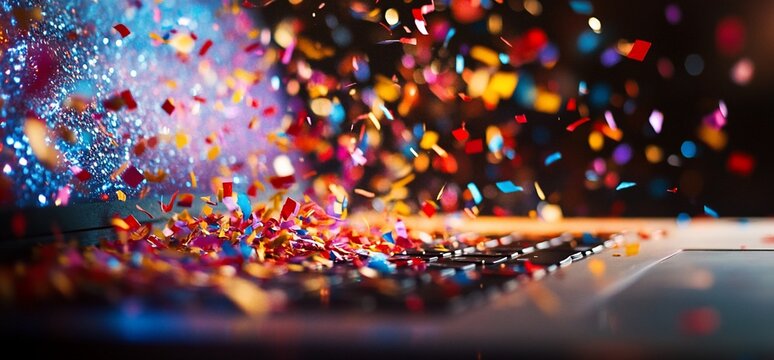 Laptop Celebration Confetti Explodes on Keyboard