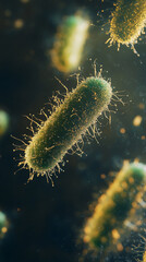 Poster - Close-up view of floating bacterial cells in dark environment, with glowing particles surrounding them, representing the study of infection, microbiology, and diseases.