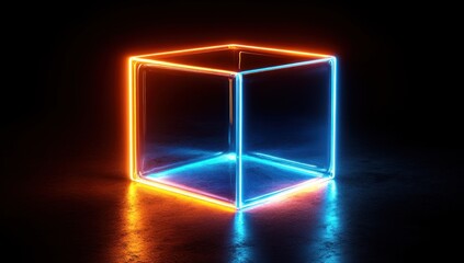Poster - Glowing neon cube on dark background.