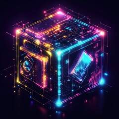 Poster - Glowing neon cube with circuit board design.