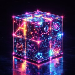 Poster - Glowing neon cube with intricate circuitry.