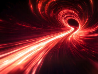Poster - Red light waves take the shape of an electric tunnel, glowing lines appear on a black background with a light speed effect and speed motion