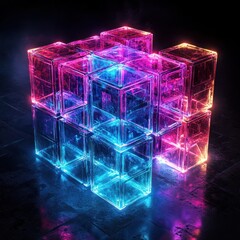 Poster - Glowing neon cubes arranged in a complex structure.
