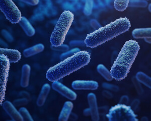 Poster - Close-up of bacteria under a microscope, showcasing blue cylindrical bacterial cells, representing the concept of microbiology, infection, or scientific research