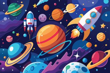 Poster - Explore a vibrant outer space scene filled with unique planets, a rocket, and swirling stars against a dark backdrop, Outer space Customizable Disproportionate Illustration